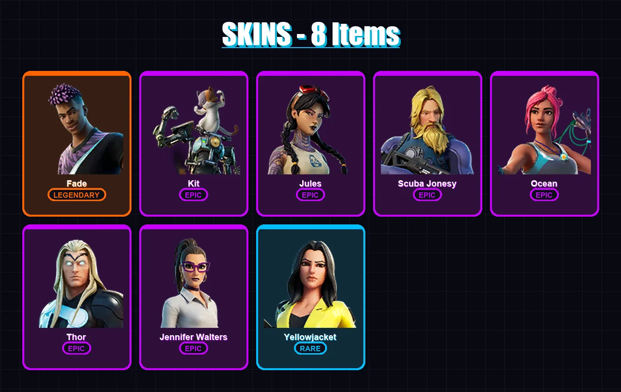 [PC/XBOX/PSN] | Fade | Kit | Jules | Scuba Jonesy | Ocean | 8 skin | 9 pickaxe | 11 emote | 13 glider | Lv133