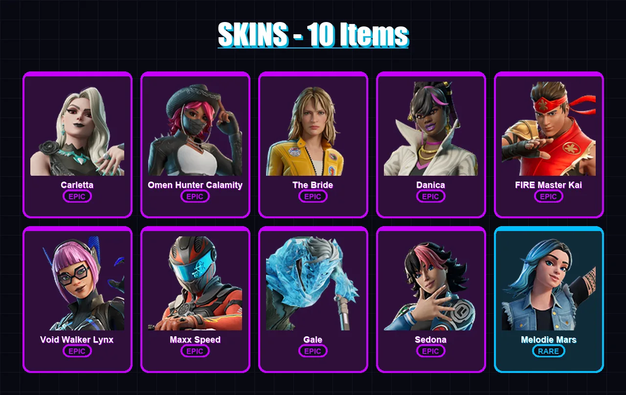 [PC/PSN] | Carletta | Omen Hunter Calamity | The Bride | Danica | FIRE Master Kai | 10 skin | 4 pickaxe | 3 emote | 1 glider | Lv5