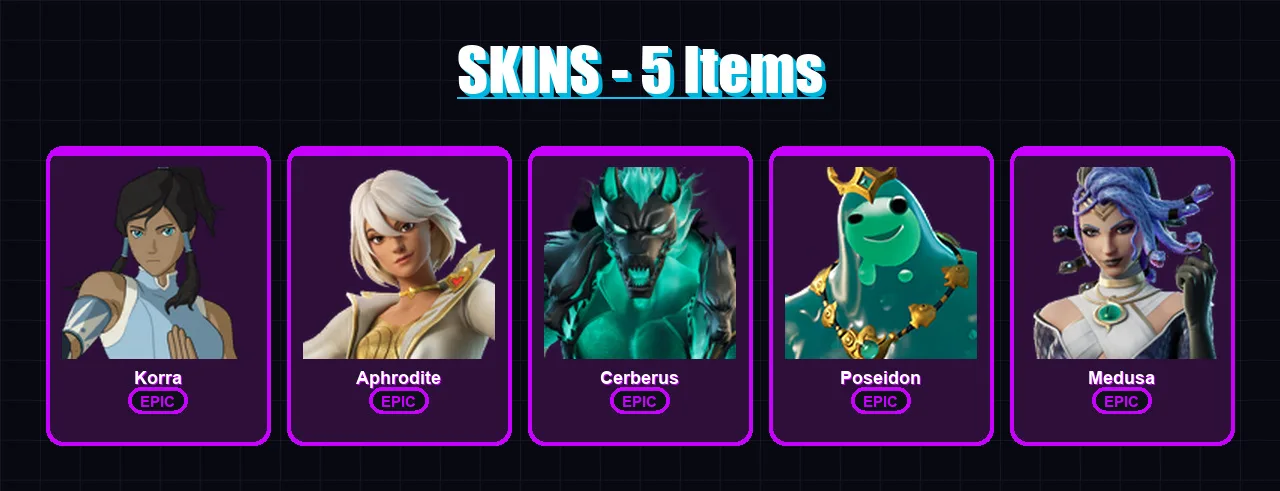 [PS4/PS5/XBOX/PC] | Korra | Aphrodite | Cerberus | Poseidon | Medusa | 5 skin | 17 pickaxe | 12 emote | 15 glider | Lv171