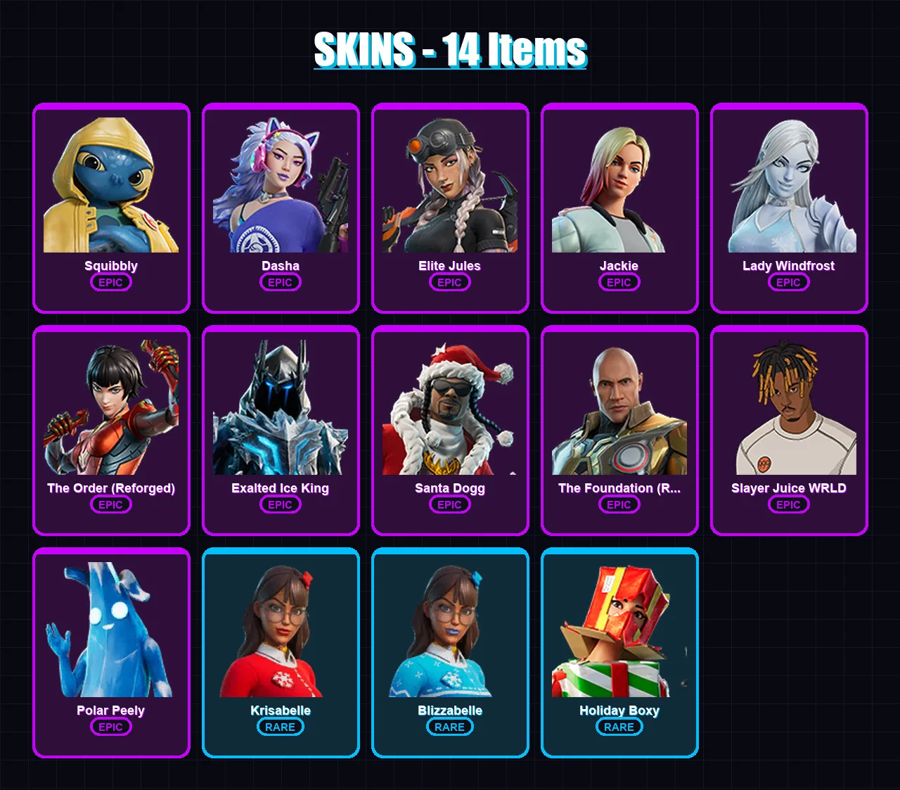 [PC/PSN] | Squibbly | Dasha | Elite Jules | Jackie | Lady Windfrost | 14 skin | 53 pickaxe | 20 emote | 35 glider | Lv498