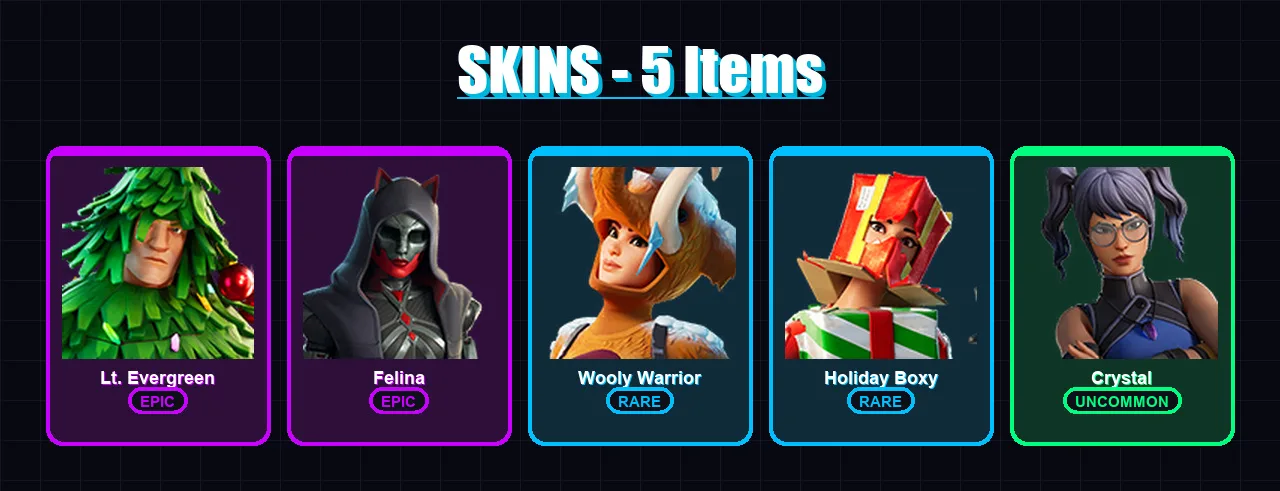 [PC/PSN] | Lt. Evergreen | Felina | Wooly Warrior | Holiday Boxy | Crystal | 5 skin | 29 pickaxe | 18 emote | 26 glider | Lv504