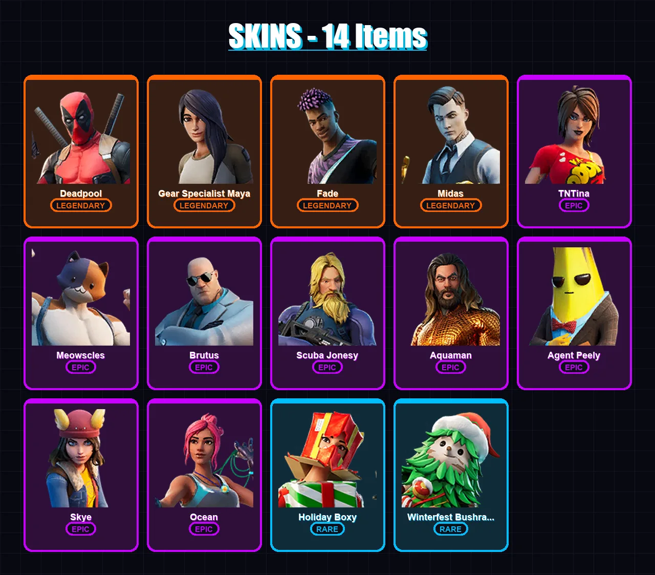 [PC/XBOX/PSN] | Deadpool | Gear Specialist Maya | Fade | Midas | TNTina | 14 skin | 14 pickaxe | 14 emote | 19 glider | Lv205 — Fortnite account
