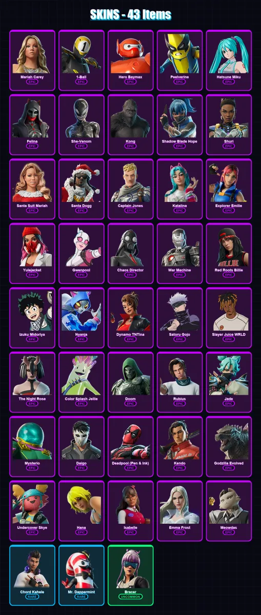 [PC/PSN] | Mariah Carey | 1-Ball | Hero Baymax | Peelverine | Hatsune Miku | 43 skin | 61 pickaxe | 48 emote | 45 glider | Lv441