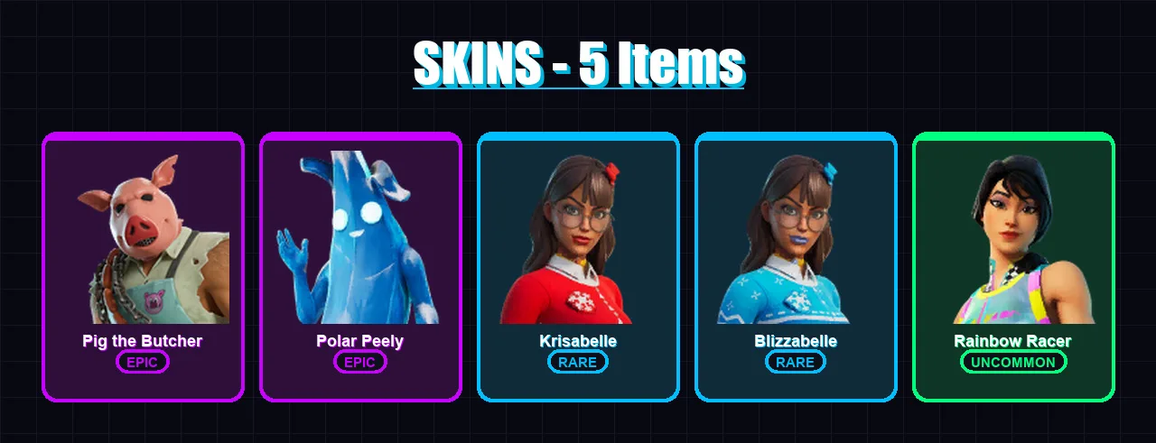 [PC/XBOX/PSN] | Pig the Butcher | Polar Peely | Krisabelle | Blizzabelle | Rainbow Racer | 5 skin | 23 pickaxe | 16 emote | 20 glider | Lv430