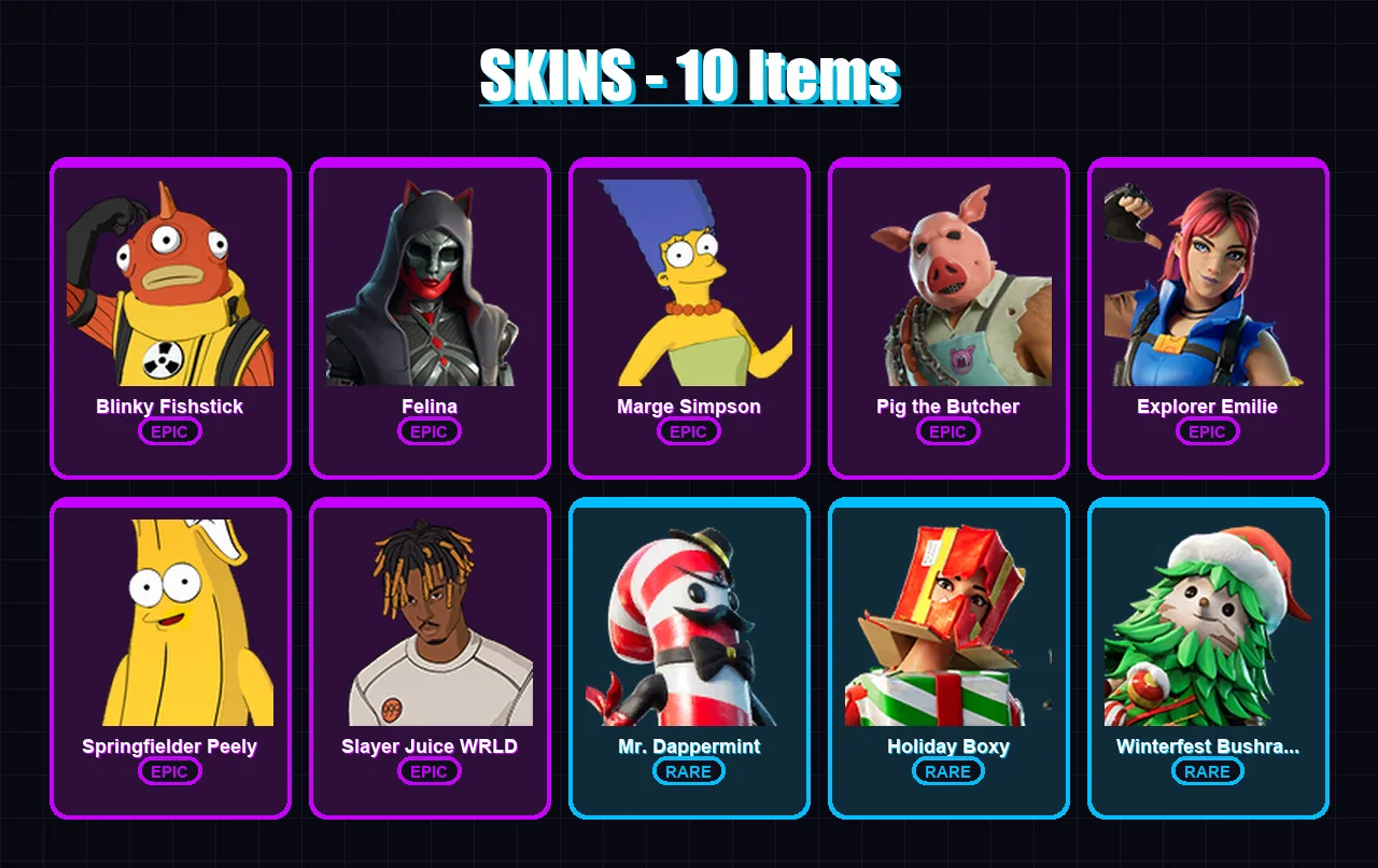 [PC/PSN] | Blinky Fishstick | Felina | Marge Simpson | Pig the Butcher | Explorer Emilie | 10 skin | 37 pickaxe | 16 emote | 25 glider | Lv336