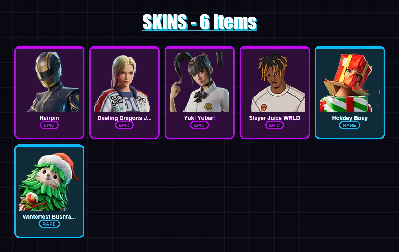[PC/XBOX/PSN] | Hairpin | Dueling Dragons Jackie | Yuki Yubari | Slayer Juice WRLD | Holiday Boxy | 6 skin | 38 pickaxe | 14 emote | 33 glider | Lv2
