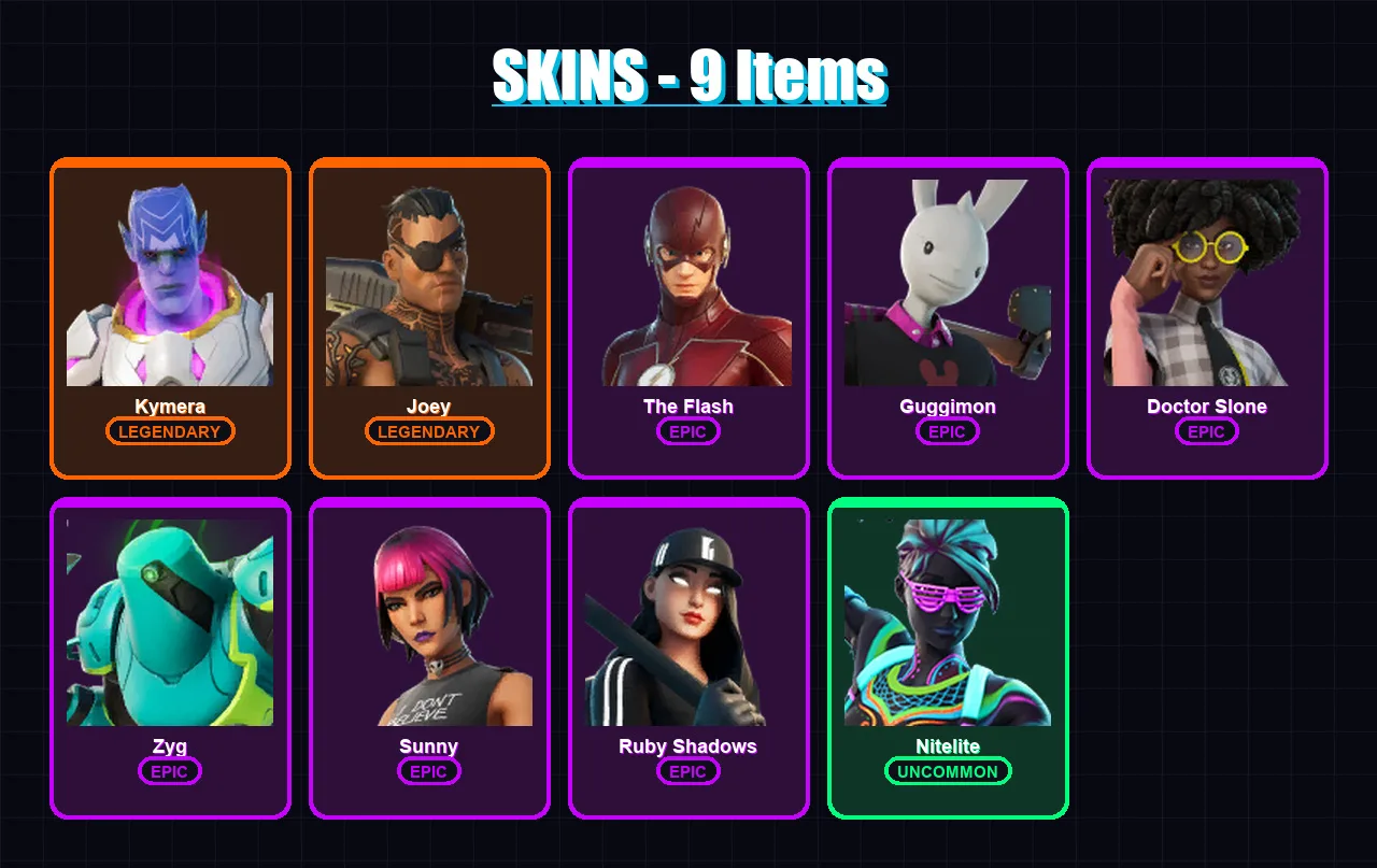 [PC/XBOX/PSN] | Kymera | Joey | The Flash | Guggimon | Doctor Slone | 9 skin | 13 pickaxe | 12 emote | 17 glider | Lv336