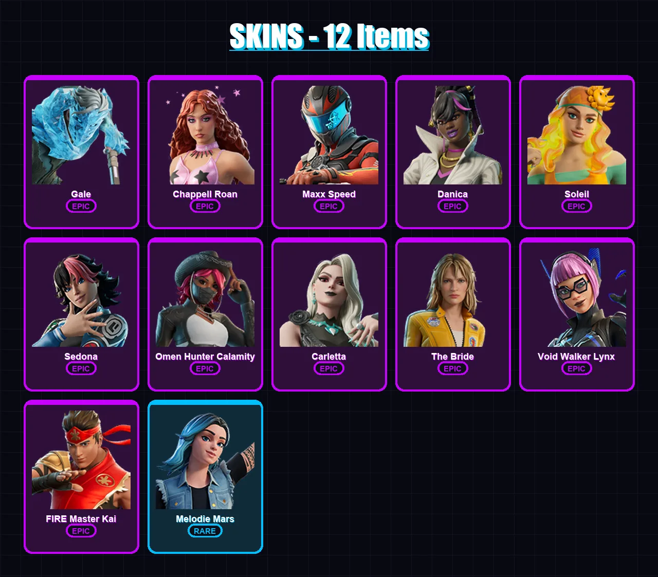 [PC/PSN] | Gale | Chappell Roan | Maxx Speed | Danica | Soleil | 12 skin | 15 pickaxe | 7 emote | 8 glider | Lv82