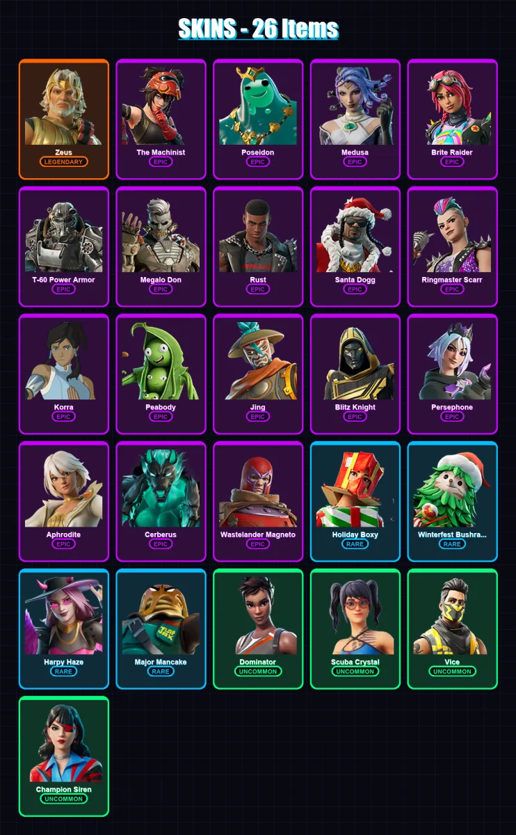 [PS4/PS5/XBOX/PC] | Zeus | The Machinist | Poseidon | Medusa | Brite Raider | 26 skin | 60 pickaxe | 31 emote | 45 glider | Lv657