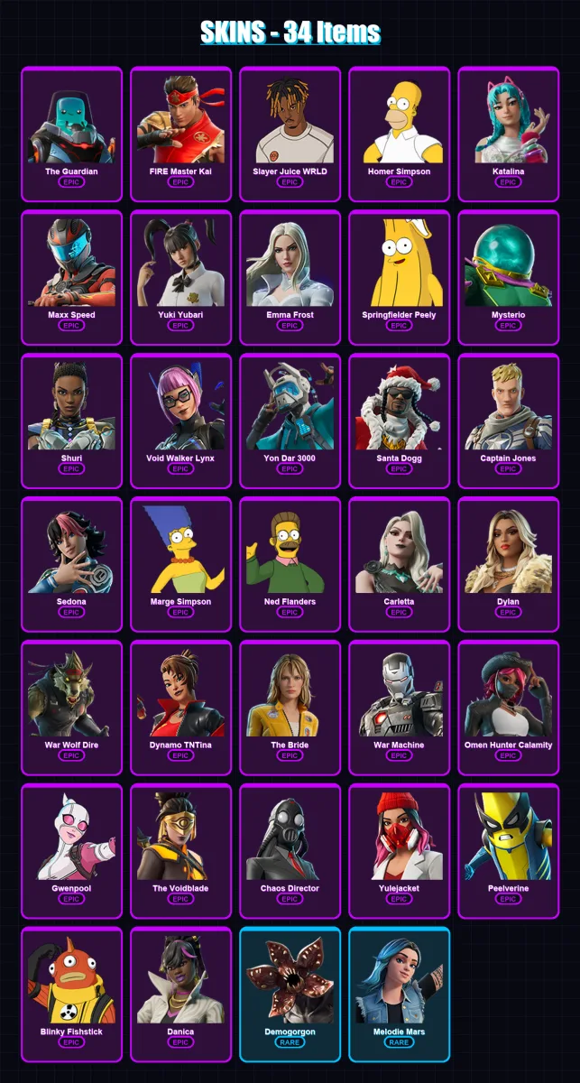 [PC/PSN] | The Guardian | FIRE Master Kai | Slayer Juice WRLD | Homer Simpson | Katalina | 34 skin | 39 pickaxe | 26 emote | 27 glider | Lv258
