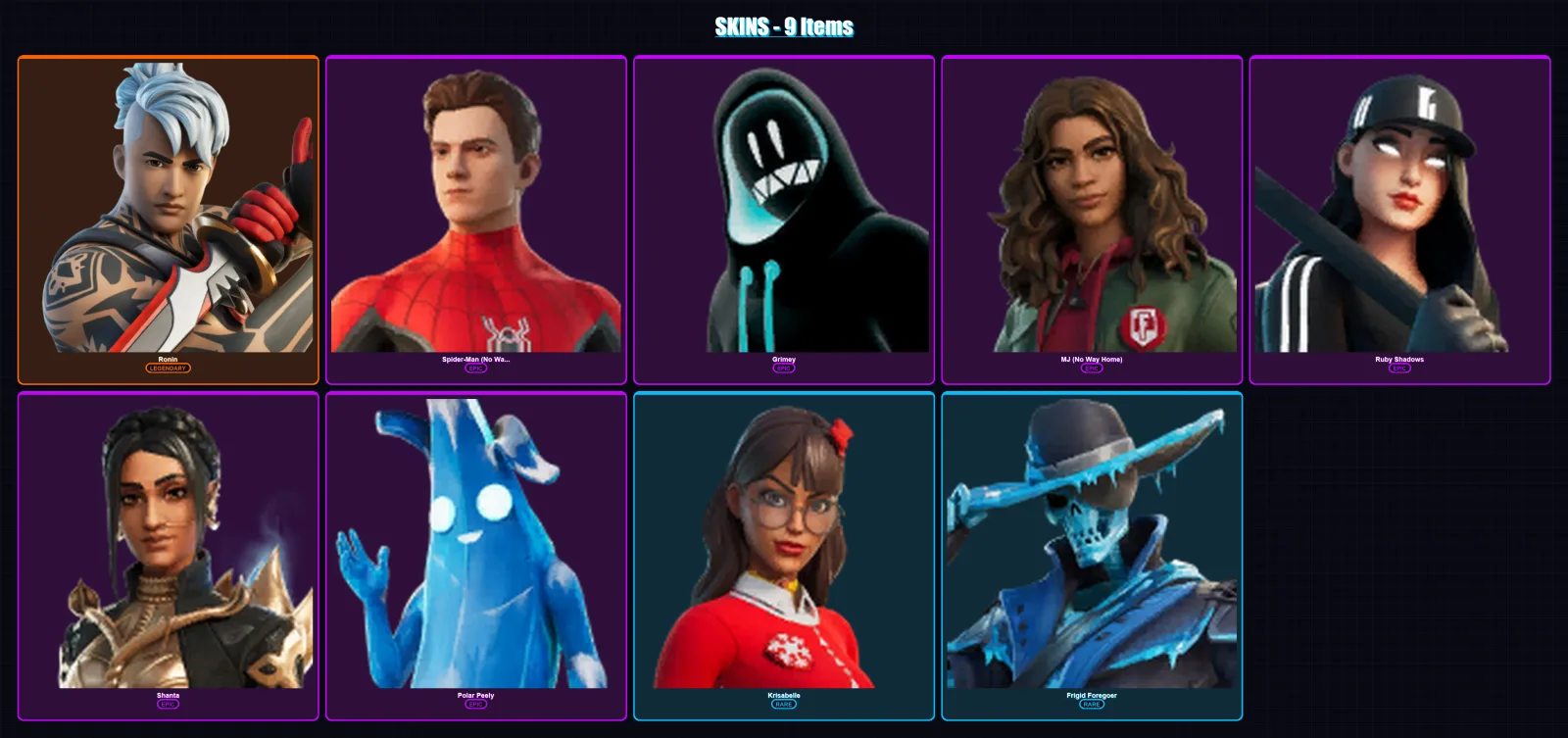 [PC/XBOX/PSN] | Ronin | Spider-Man (No Way Home) | Grimey | MJ (No Way Home) | Ruby Shadows | 9 skin | 14 pickaxe | 8 emote | 17 glider | Lv132