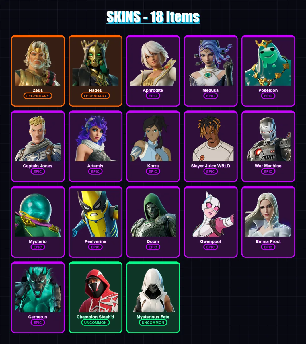 [PC/XBOX] | Zeus | Hades | Aphrodite | Medusa | Poseidon | 18 skin | 33 pickaxe | 23 emote | 31 glider | Lv436