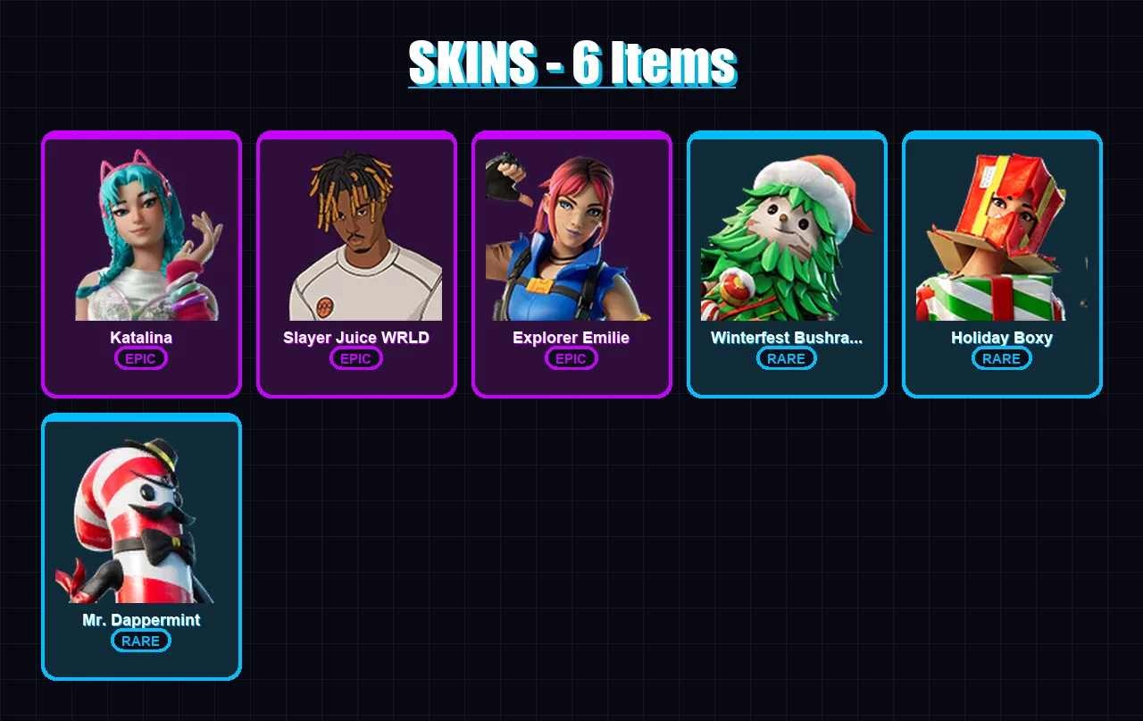 [PC/XBOX/PSN] | Katalina | Slayer Juice WRLD | Explorer Emilie | Winterfest Bushranger | Holiday Boxy | 6 skin | 7 pickaxe | 2 emote | 8 glider | Lv