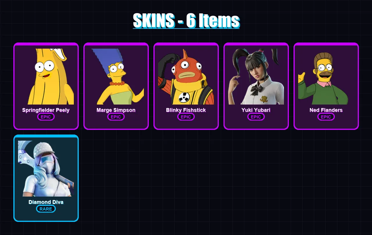 [PC/PSN] | Springfielder Peely | Marge Simpson | Blinky Fishstick | Yuki Yubari | Ned Flanders | 6 skin | 13 pickaxe | 8 emote | 11 glider | Lv56