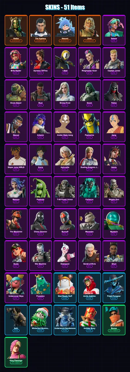 [PC/XBOX] | Hades | The Ageless | Nezumi | Zeus | Selene | 51 skin | 102 pickaxe | 63 emote | 81 glider | Lv1588