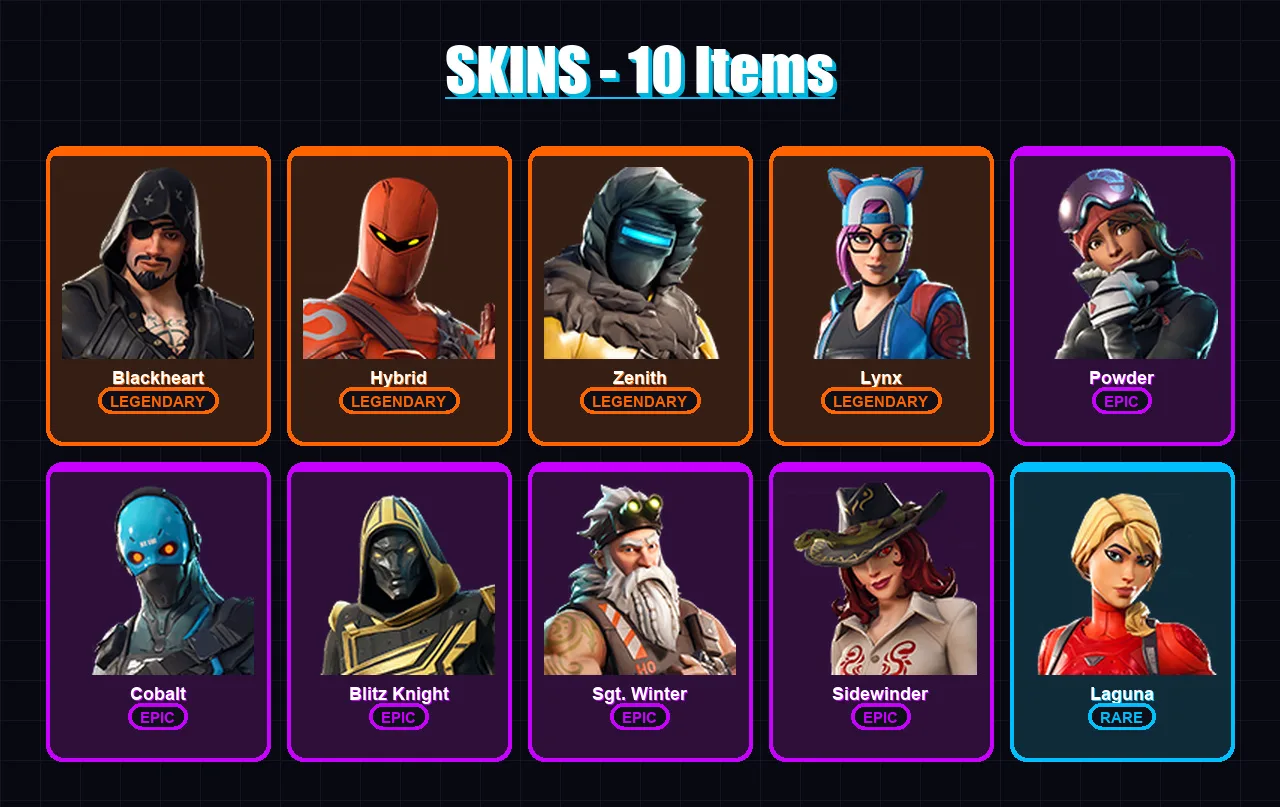 [PC/PSN] | Blackheart | Hybrid | Zenith | Lynx | Powder | 10 skin | 36 pickaxe | 29 emote | 31 glider | Lv427