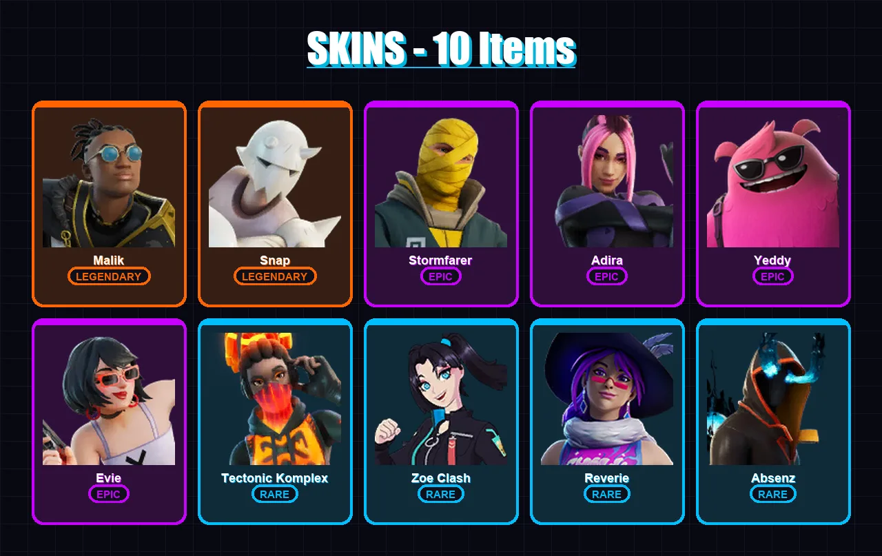 [PC/PSN] | Malik | Snap | Stormfarer | Adira | Yeddy | 10 skin | 19 pickaxe | 17 emote | 12 glider | Lv226