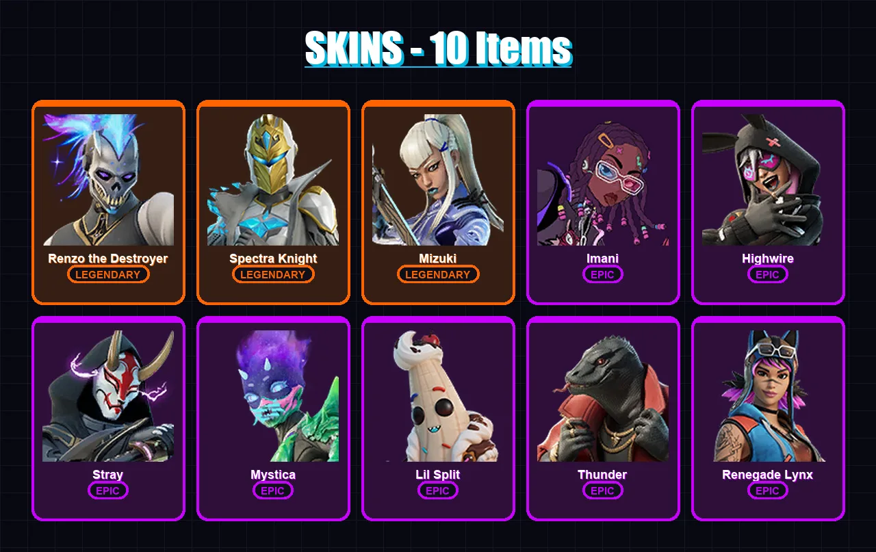 [PC/XBOX/PSN] | Renzo the Destroyer | Spectra Knight | Mizuki | Imani | Highwire | 10 skin | 17 pickaxe | 19 emote | 20 glider | Lv317