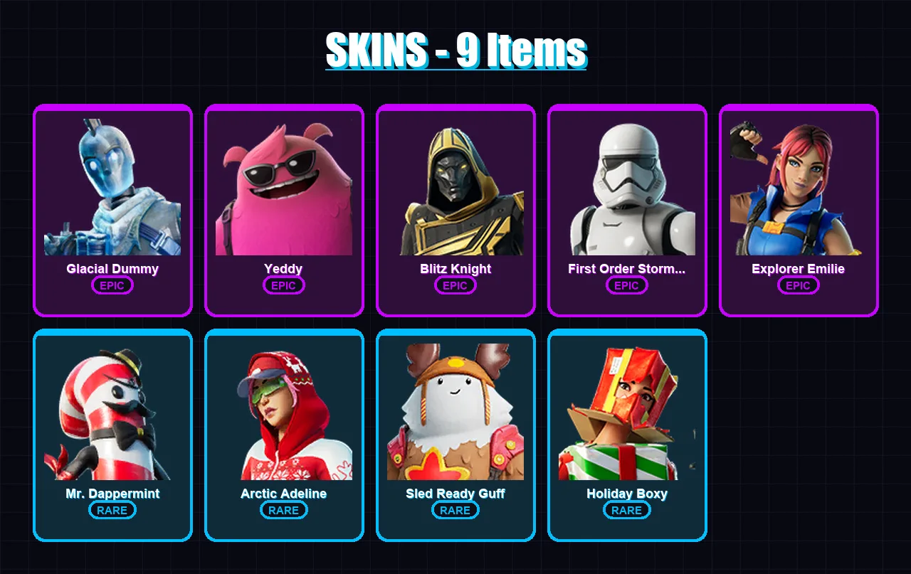 [PC/XBOX] | Glacial Dummy | Yeddy | Blitz Knight | First Order Stormtrooper | Explorer Emilie | 9 skin | 31 pickaxe | 11 emote | 20 glider | Lv160