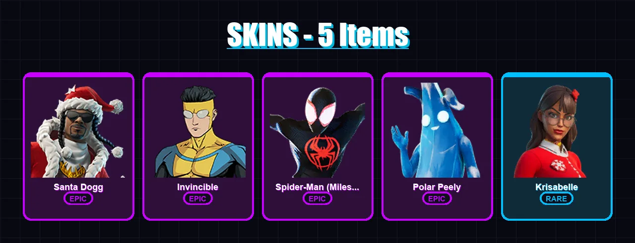 [PC/XBOX/PSN] | Santa Dogg | Invincible | Spider-Man (Miles Morales) | Polar Peely | Krisabelle | 5 skin | 14 pickaxe | 4 emote | 11 glider | Lv71
