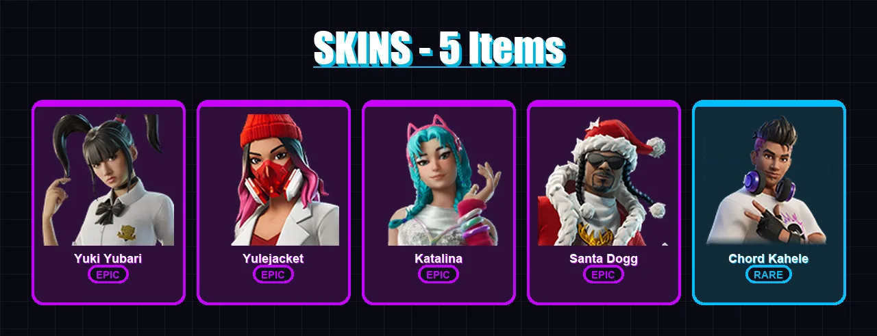 [PC/PSN] | Yuki Yubari | Yulejacket | Katalina | Santa Dogg | Chord Kahele | 5 skin | 26 pickaxe | 8 emote | 17 glider | Lv219