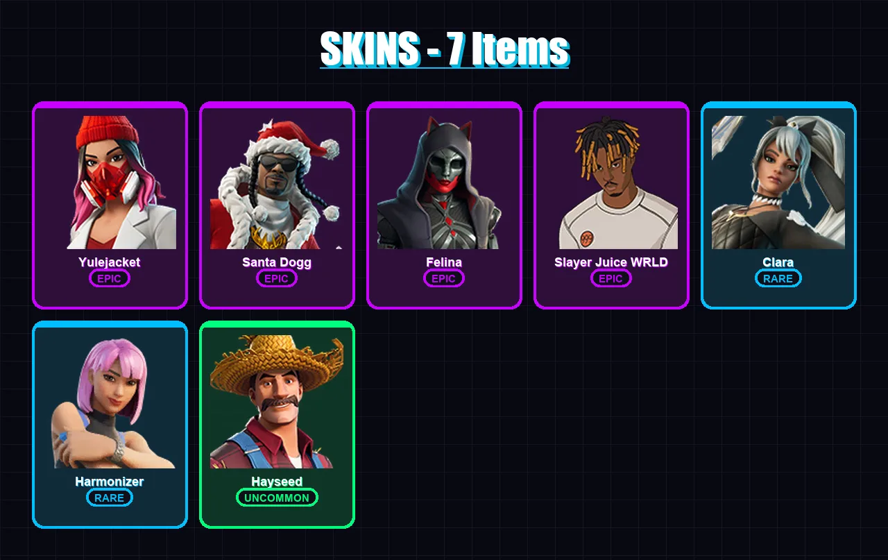[PC] | Yulejacket | Santa Dogg | Felina | Slayer Juice WRLD | Clara | 7 skin | 38 pickaxe | 12 emote | 23 glider | Lv265