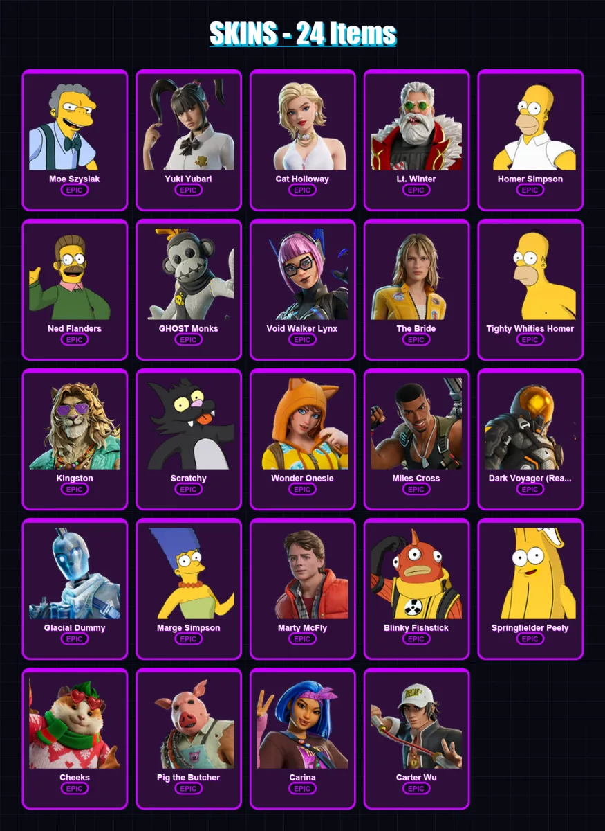 [PS4/PS5/PC] | Moe Szyslak | Yuki Yubari | Cat Holloway | Lt. Winter | Homer Simpson | 24 skin | 35 pickaxe | 25 emote | 25 glider | Lv348 — Game account