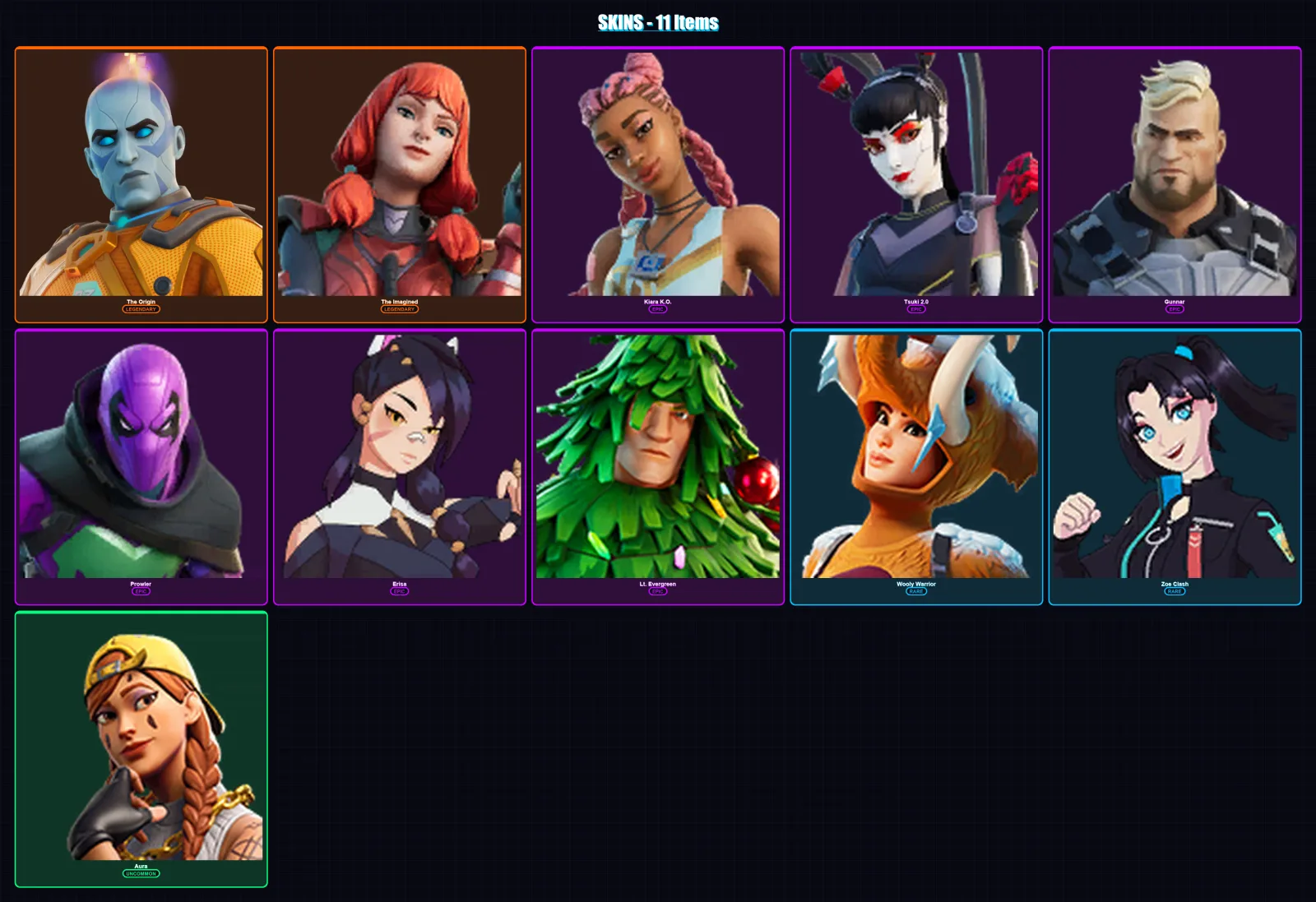 [PC/XBOX/PSN] | The Origin | The Imagined | Kiara K.O. | Tsuki 2.0 | Gunnar | 11 skin | 18 pickaxe | 15 emote | 18 glider | Lv310