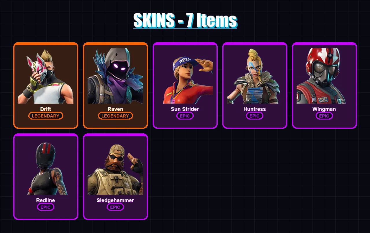 [PC/PSN] | Drift | Raven | Sun Strider | Huntress | Wingman | 7 skin | 13 pickaxe | 10 emote | 19 glider | Lv320