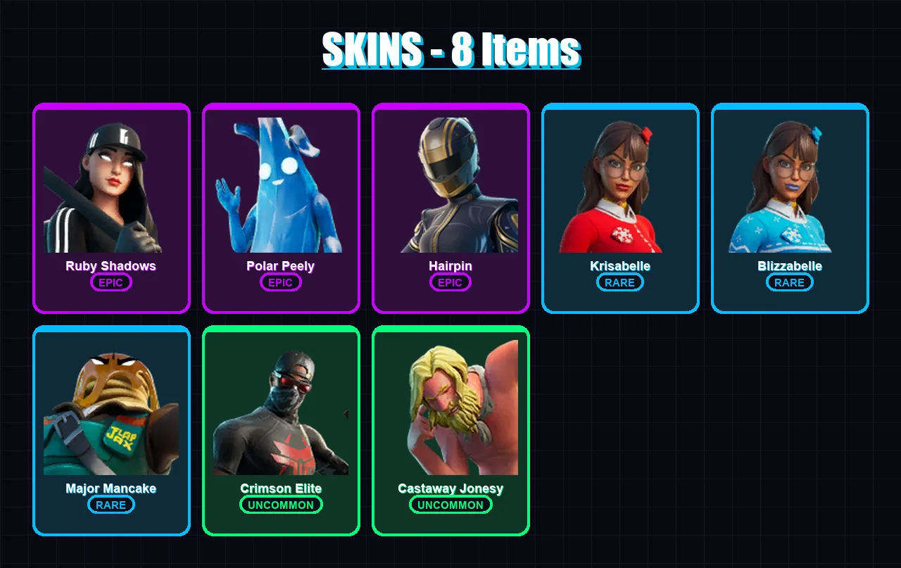 [PC/XBOX/PSN] | Ruby Shadows | Polar Peely | Hairpin | Krisabelle | Blizzabelle | 8 skin | 20 pickaxe | 18 emote | 22 glider | Lv506