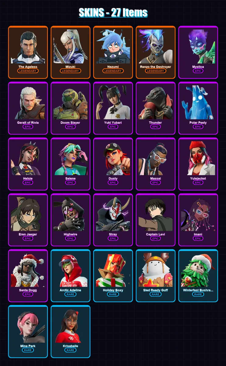 [PC/XBOX/PSN] | The Ageless | Mizuki | Nezumi | Renzo the Destroyer | Mystica | 27 skin | 60 pickaxe | 47 emote | 51 glider | Lv685