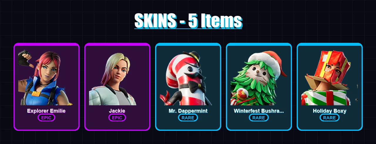 [PC/XBOX/PSN] | Explorer Emilie | Jackie | Mr. Dappermint | Winterfest Bushranger | Holiday Boxy | 5 skin | 11 pickaxe | 6 emote | 15 glider | Lv152