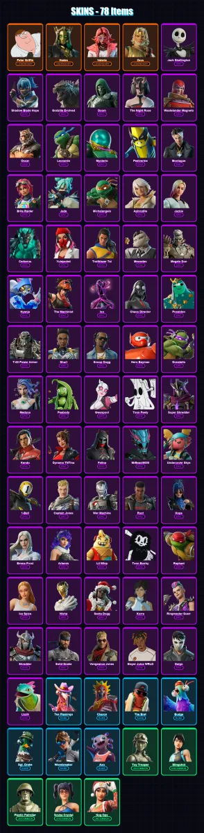 [SWITCH/XBOX/PSN/PC] | Peter Griffin | Hades | Valeria | Zeus | Jack Skellington | 78 skin | 97 pickaxe | 65 emote | 66 glider | Lv1932