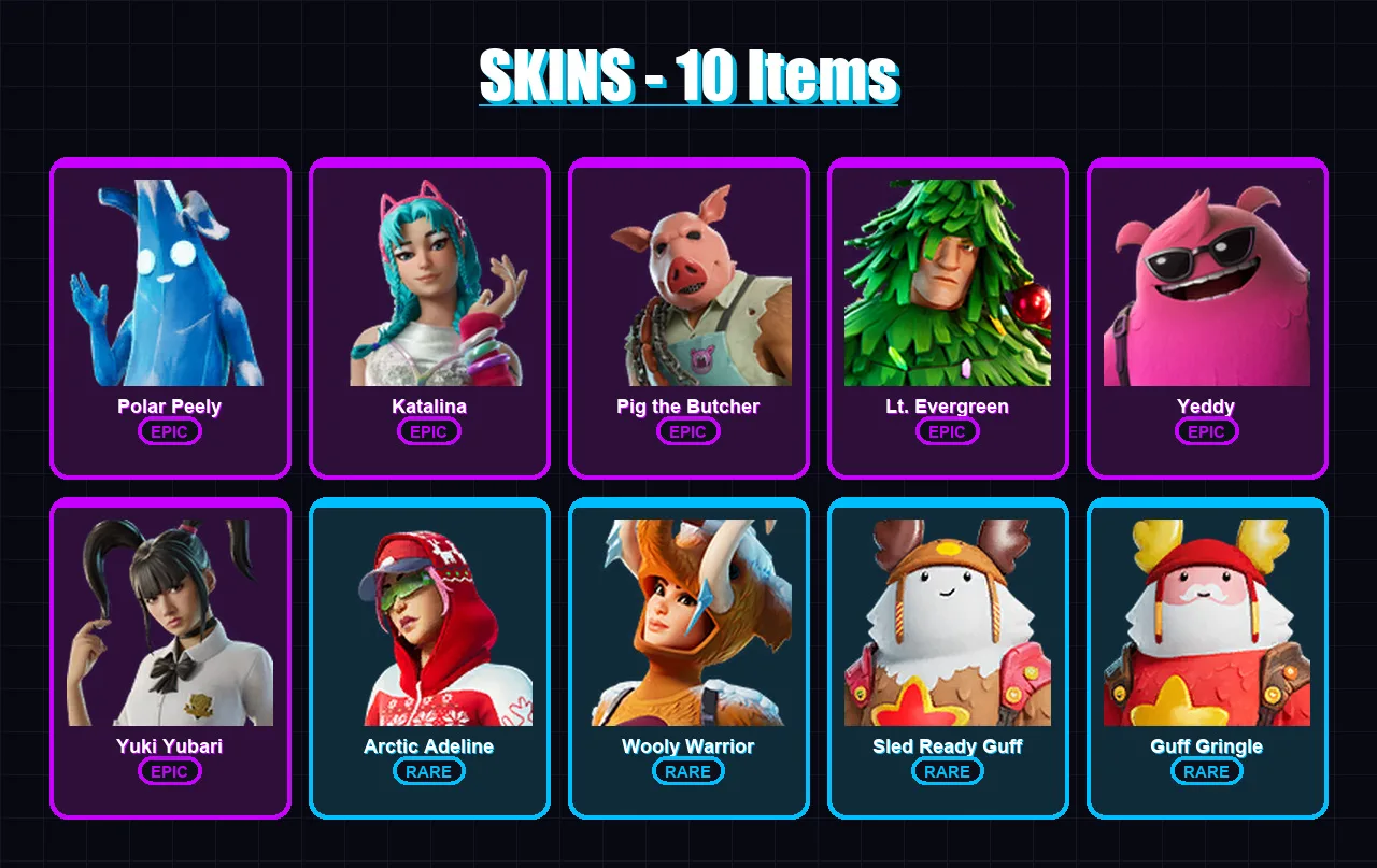 [PS4/PS5/XBOX/PC] | Polar Peely | Katalina | Pig the Butcher | Lt. Evergreen | Yeddy | 10 skin | 30 pickaxe | 15 emote | 17 glider | Lv186