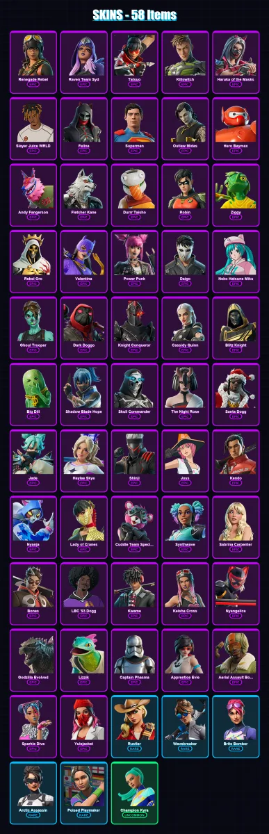 [PS4/PS5/XBOX/PC] | Renegade Rebel | Raven Team Syd | Tatsuo | Killswitch | Haruka of the Masks | 58 skin | 83 pickaxe | 61 emote | 50 glider | Lv71