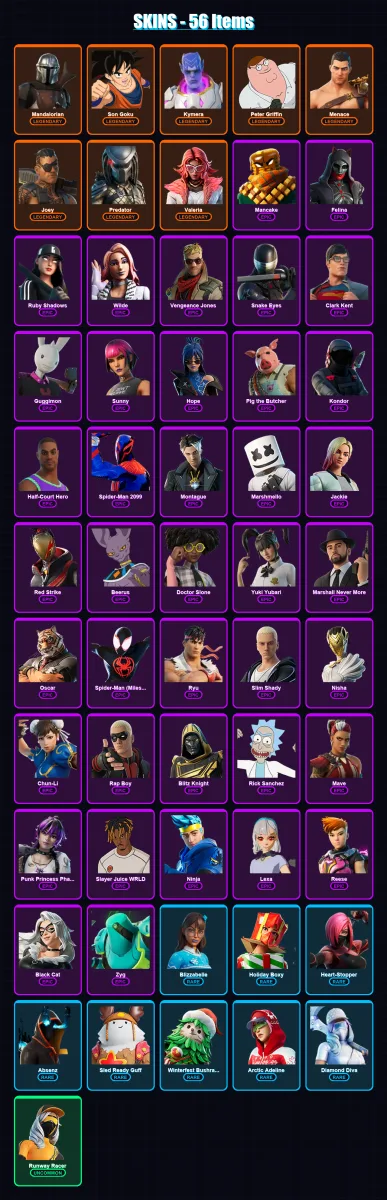[PC/XBOX/PSN] | Mandalorian | Son Goku | Kymera | Peter Griffin | Menace | 56 skin | 89 pickaxe | 142 emote | 57 glider | Lv932