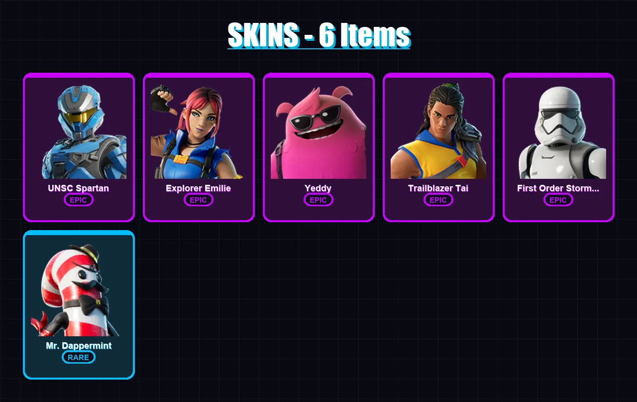 [PC] | UNSC Spartan | Explorer Emilie | Yeddy | Trailblazer Tai | First Order Stormtrooper | 6 skin | 21 pickaxe | 11 emote | 17 glider | Lv194