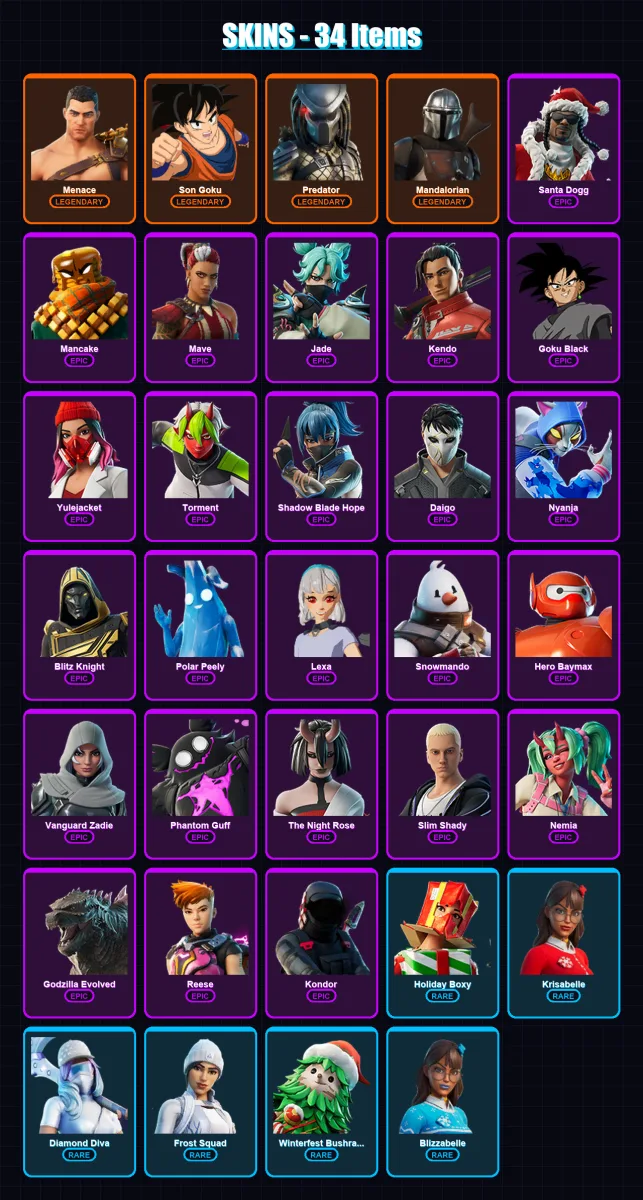 [PC/XBOX] | Menace | Son Goku | Predator | Mandalorian | Santa Dogg | 34 skin | 81 pickaxe | 64 emote | 53 glider | Lv1066