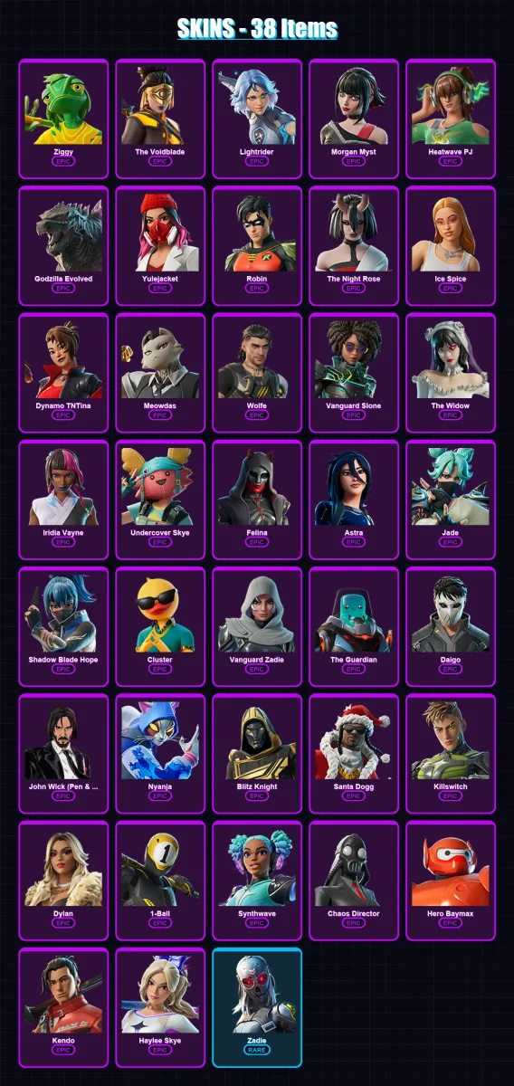 [PC/XBOX/PSN] | Ziggy | The Voidblade | Lightrider | Morgan Myst | Heatwave PJ | 38 skin | 107 pickaxe | 66 emote | 74 glider | Lv2068
