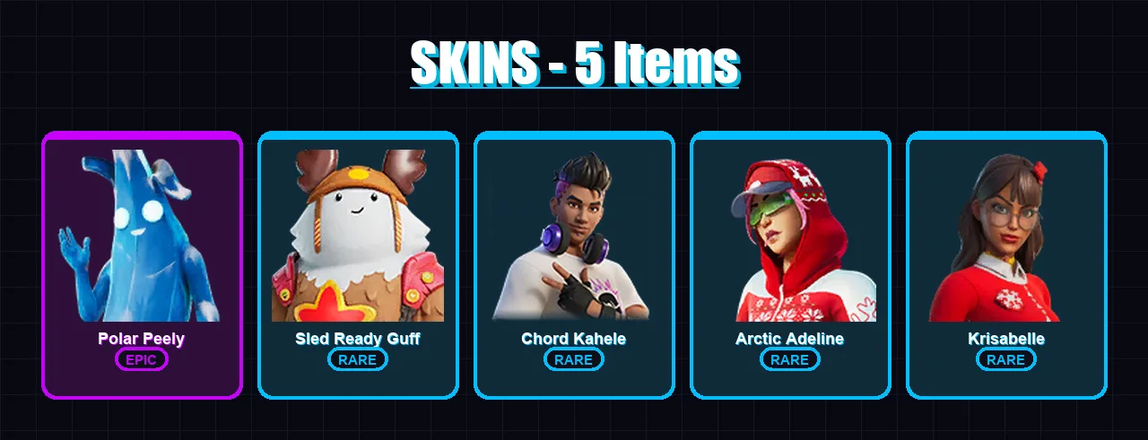 [PS4/PS5/XBOX/PC] | Polar Peely | Sled Ready Guff | Chord Kahele | Arctic Adeline | Krisabelle | 5 skin | 11 pickaxe | 12 emote | 12 glider | Lv140