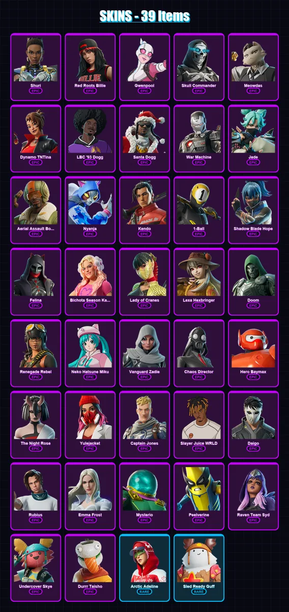 [PC/XBOX/PSN] | Shuri | Red Roots Billie | Gwenpool | Skull Commander | Meowdas | 39 skin | 72 pickaxe | 57 emote | 50 glider | Lv804