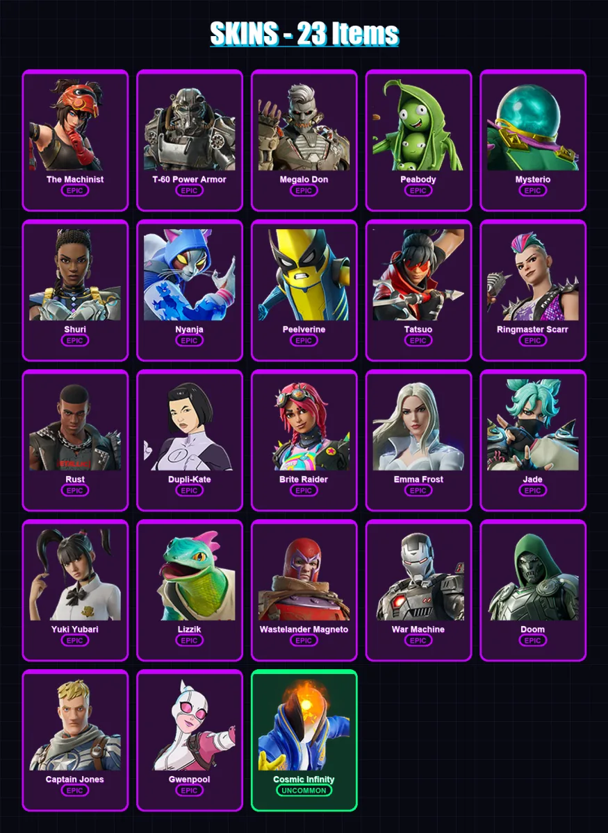 [PS4/PS5/XBOX/PC] | The Machinist | T-60 Power Armor | Megalo Don | Peabody | Mysterio | 23 skin | 51 pickaxe | 34 emote | 35 glider | Lv434