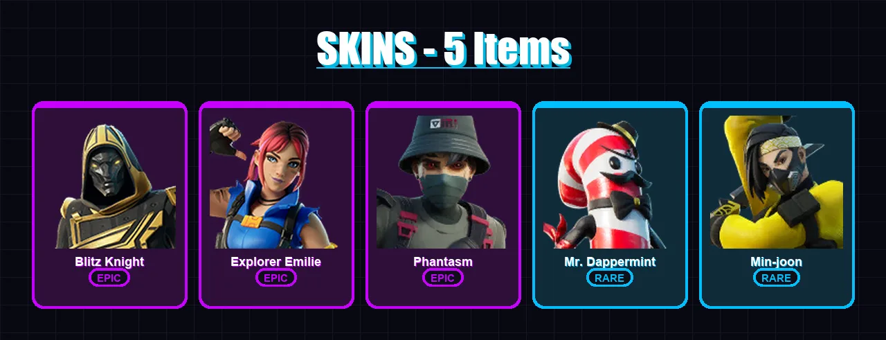 [PC/XBOX/PSN] | Blitz Knight | Explorer Emilie | Phantasm | Mr. Dappermint | Min-joon | 5 skin | 18 pickaxe | 15 emote | 13 glider | Lv176