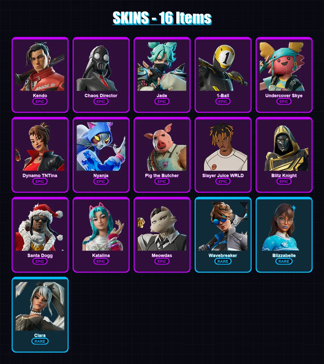 [PC/PSN] | Kendo | Chaos Director | Jade | 1-Ball | Undercover Skye | 16 skin | 60 pickaxe | 27 emote | 29 glider | Lv415