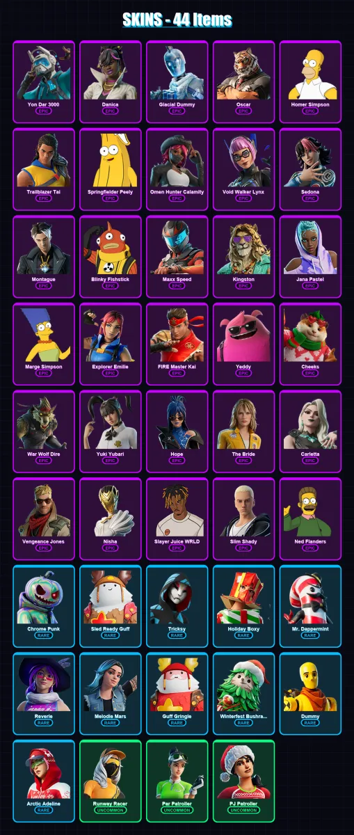 [PC] | Yon Dar 3000 | Danica | Glacial Dummy | Oscar | Homer Simpson | 44 skin | 68 pickaxe | 36 emote | 45 glider | Lv534