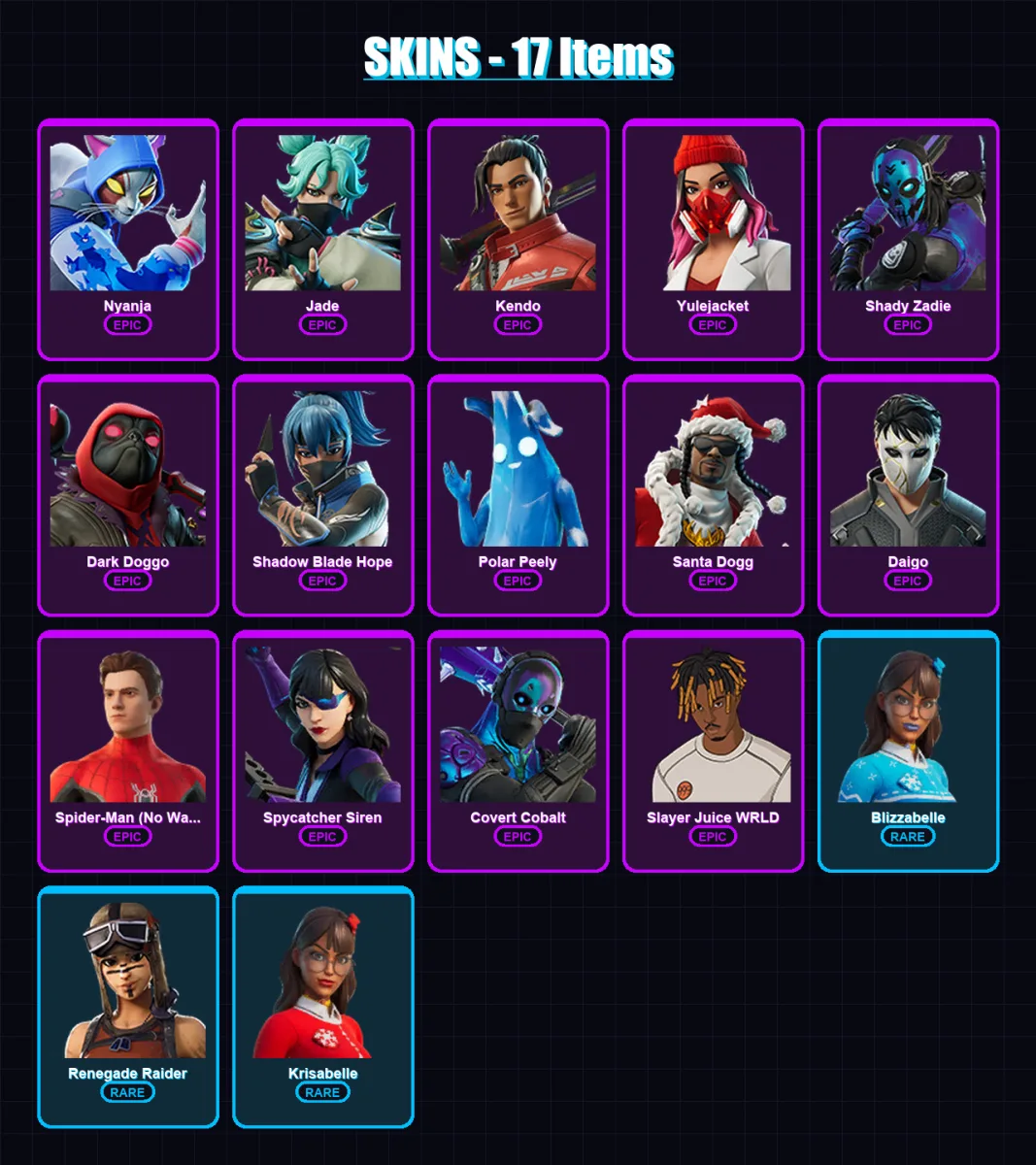 [PC/XBOX/PSN] | Nyanja | Jade | Kendo | Yulejacket | Shady Zadie | 17 skin | 38 pickaxe | 32 emote | 26 glider | Lv497