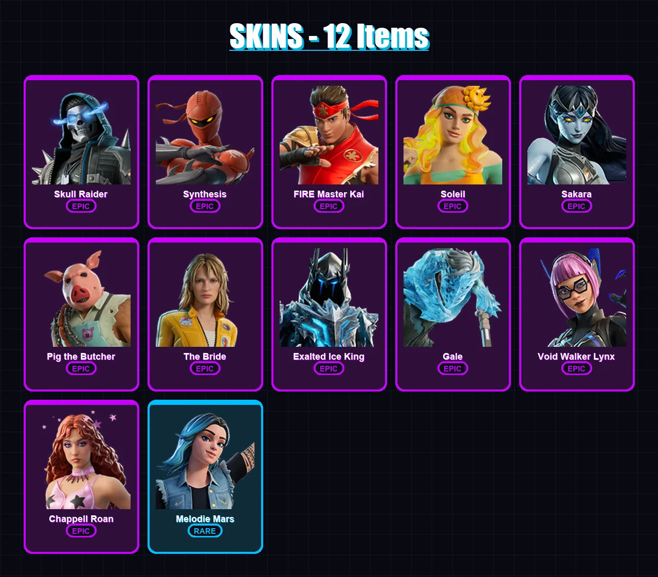 [PC/PSN] | Skull Raider | Synthesis | FIRE Master Kai | Soleil | Sakara | 12 skin | 15 pickaxe | 5 emote | 8 glider | Lv46