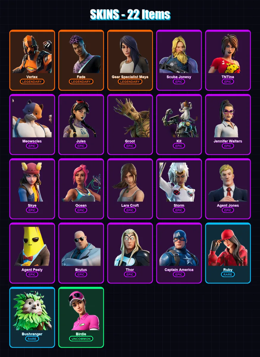 [PC/PSN] | Vertex | Fade | Gear Specialist Maya | Scuba Jonesy | TNTina | 22 skin | 35 pickaxe | 29 emote | 40 glider | Lv639