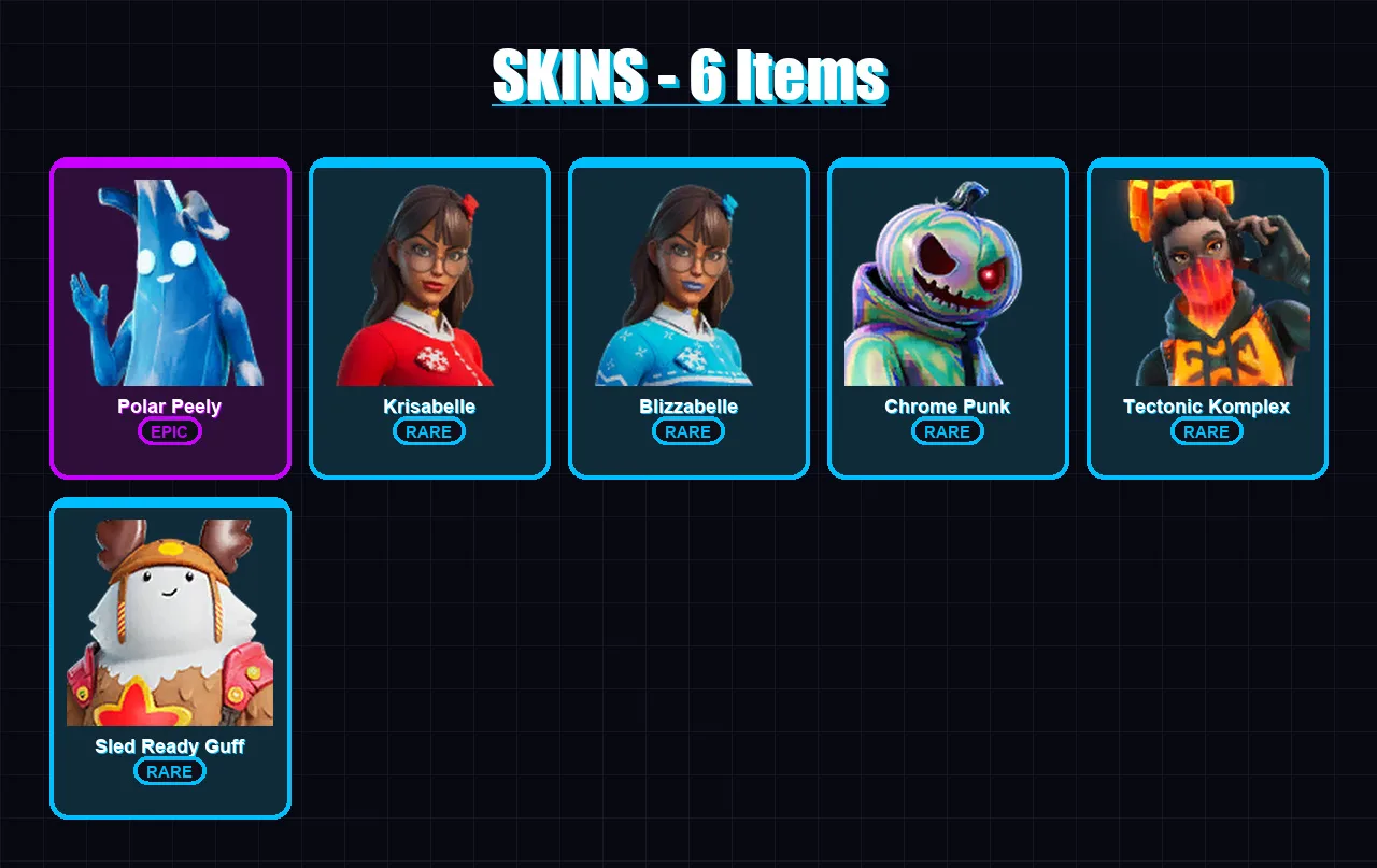 [PC/XBOX] | Polar Peely | Krisabelle | Blizzabelle | Chrome Punk | Tectonic Komplex | 6 skin | 18 pickaxe | 26 emote | 24 glider | Lv827