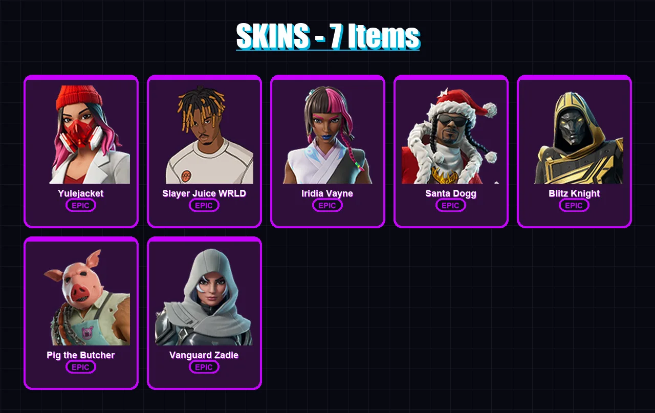 [PC/XBOX/PSN] | Yulejacket | Slayer Juice WRLD | Iridia Vayne | Santa Dogg | Blitz Knight | 7 skin | 71 pickaxe | 26 emote | 39 glider | Lv609